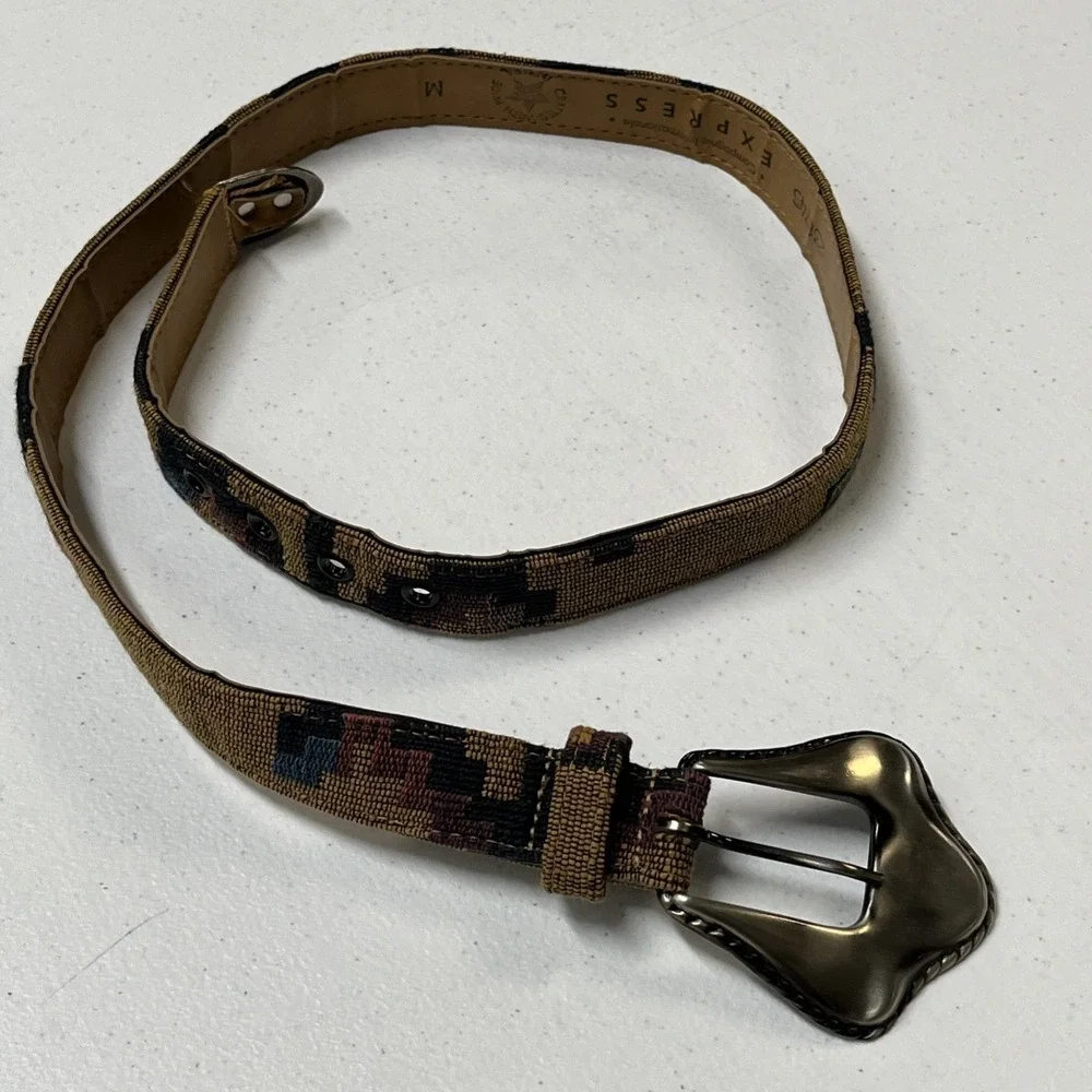 Vintage Express Belt Brown Woven Southwestern Stitched Gunmetal Buckle Tip Large